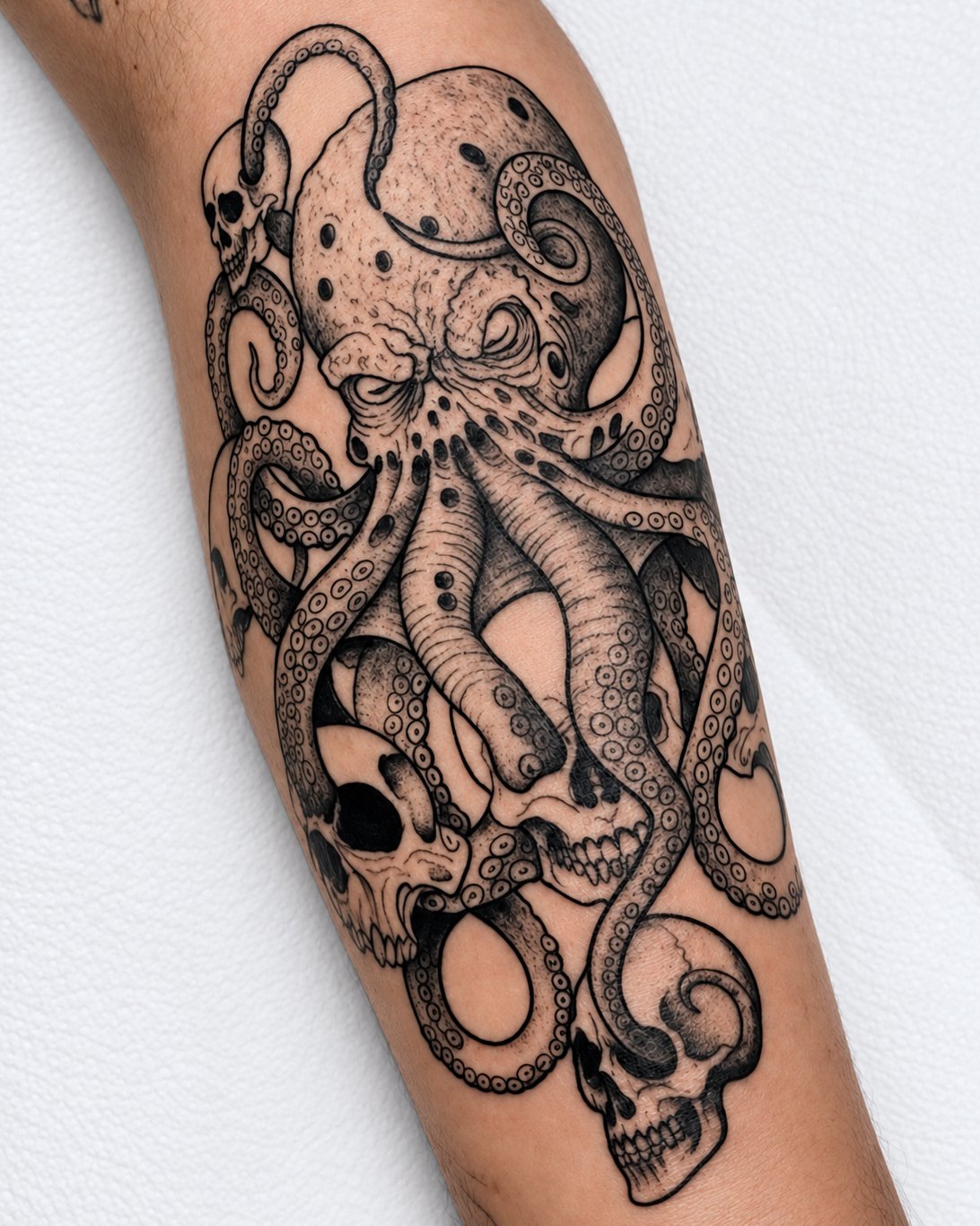 Tatuagem de polvo entrelaçado com caveiras, em blackwork, no antebraço
